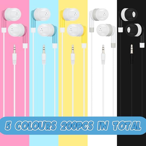 Xuhal 200 Pcs Wired Earbuds Classroom Bulk Earphone School, 5 Colors - color: 5 Colors