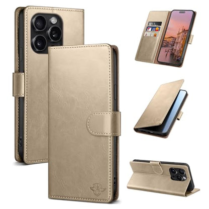 Wallet Case for iPhone 15 Pro Max 6.7", Golden | RFID-Blocking Card Holder, Kickstand, Magnetic Closure, PU Leather Folio Flip Cover, Protective Women Men Cases - color: Golden, size: iPhone 15 Pro Max