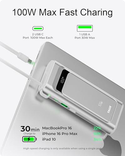 Portable Charger 100W, 10000mAh Power Bank with Built-in USB-C Cable