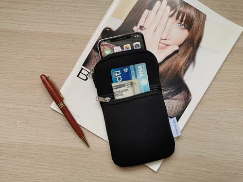 Tainada Neoprene Small Crossbody Zipper Neck Cellphone Case Pouch (Black) | Mini Neoprene Dual Zip Wallet Purse Bag; Water-Resistant, Shockproof, Lightweight; Adjustable & Detachable Lanyard Strap - color: Black