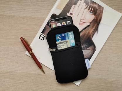 Tainada Neoprene Small Crossbody Zipper Neck Cellphone Case Pouch (Black) | Mini Neoprene Dual Zip Wallet Purse Bag; Water-Resistant, Shockproof, Lightweight; Adjustable & Detachable Lanyard Strap - color: Black