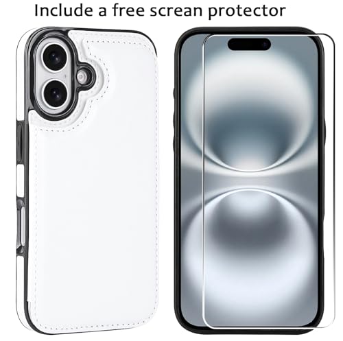 Wallet Case Compatible with iPhone 16 6.1", Slim Protective Case with Card Holder,Premium PU Leather Kickstand Card Slots Case with Double Magnetic Clasp-White - color: White, size: iphone 16 6.1"