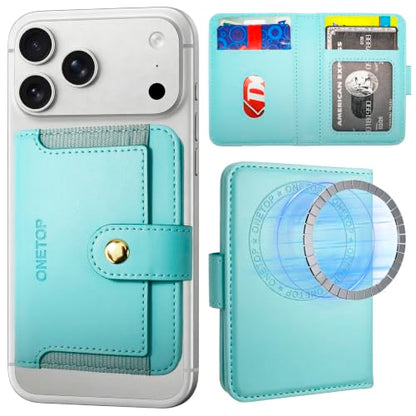 ONETOP for MagSafe Wallet,Magnetic Phone Wallet with 5 Card Slots,MintGreen | 1-12 Cards/Cash Holder for iPhone 17/16/15/14/13/12 Series,Detachable Wallet Stick-On Back,PU Leather RFID Blocking Kickstand - color: Mint Green