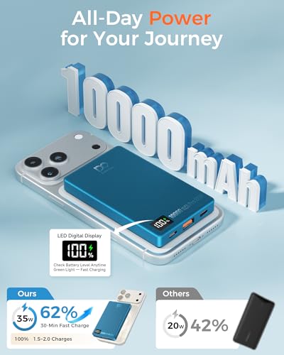 PD 35W Magnetic Power Bank 10000mAh, Fast Charging Portable Charger, Cyan | with Smart Digital Display, Slim Wireless Battery Pack for iPhone 17/16/15/14/13/12, Samsung & Android, Charge 4 Devices - color: Cyan