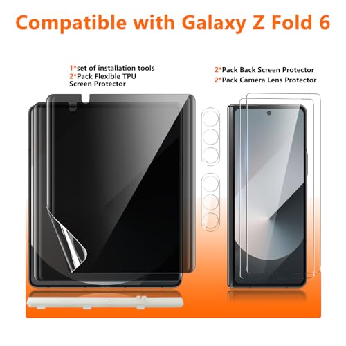 [2Set 6PCS] Screen Protector for Galaxy Z Fold 6, 2 Inner TPU Privacy Films + 2 Outer Tempered Glass + 2 Camera Lens Protecters with Positional Mouting Frame, No Creases, No Bubbles - size: Galaxy Z Fold 6
