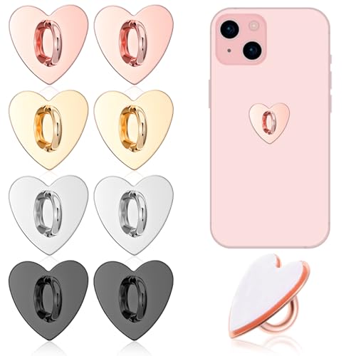 8 Pcs Phone Charm Hook Cell Phone Ring Holder, Cute Heart Phones Charm Hooks Adhesive Smartphone Finger Ring Grip Metal Loop Stand for Cellphone Case Pad Tablet DIY Hanging, 4 Colors