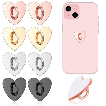 8 Pcs Phone Charm Hook Cell Phone Ring Holder, Cute Heart Phones Charm Hooks Adhesive Smartphone Finger Ring Grip Metal Loop Stand for Cellphone Case Pad Tablet DIY Hanging, 4 Colors