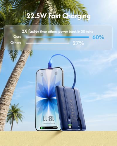 VEGER 10000mAh 0.4lb Fast Charging Portable Charger with Built-in Cables - color: Navy Blue