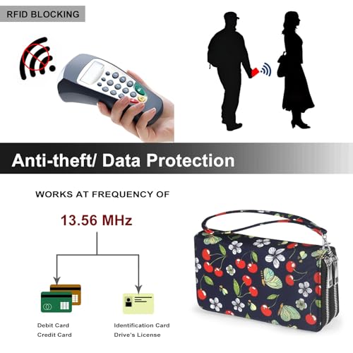 RFID Blocking Cellphone Wallet for Women with Wrist Strap, Double Zipper Travel Clutch Purse Large Capacity, Cherry - color: Cherry