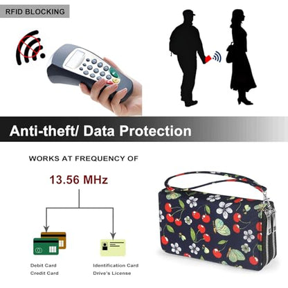 RFID Blocking Cellphone Wallet for Women with Wrist Strap, Double Zipper Travel Clutch Purse Large Capacity, Cherry - color: Cherry