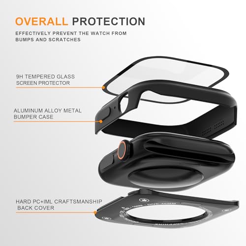 Aluminum Rugged Case for Apple Watch Series 10/11 46mm, Built-in Tempered Glass with Back Cover, Ultra Thin Shockproof Metal Bumper Raised Edge Protection, Black - color: Black, size: 46mm