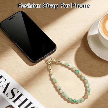 TEAMOLA Natural Stone Phone Charm - Crystal Phone Beaded Wrist Strap - color: Green & Blue