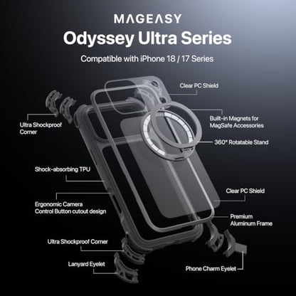 MAGEASY Odyssey Ultra MagSafe 360° Magnetic Stand iPhone 18 Pro & 17 Pro Crossbody Case with Strap for Men, 25ft Shockproof TPU + Aluminum Frame, Interchangeable Lanyard Eyelets (Midnight w/Kickstand) - color: Midnight w/ Kickstand, size: iPhone 18 Pro