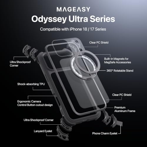 MAGEASY Odyssey Ultra MagSafe 360° Magnetic Stand Crossbody Case with Strap for iPhone 18 Pro Max & 17 Pro Max, 25ft Shockproof TPU + Aluminum Frame, Interchangeable Lanyard Eyelets (Mist w/Kickstand) - color: Mist w/ Kickstand, size: iPhone 18 Pro Max