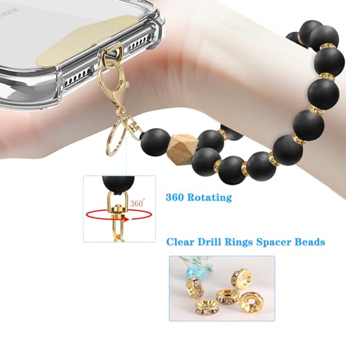 Silicone Beaded Phone Wrist Strap, Phone Bracelet Strap with Tether Tab Elastic Hands Free Wristlet Strap - color: Black