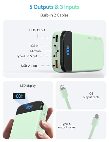 Phone Battery Bank 32000mAh 22.5W w/Built-in Cables & USB C Fast Charging - color: Green