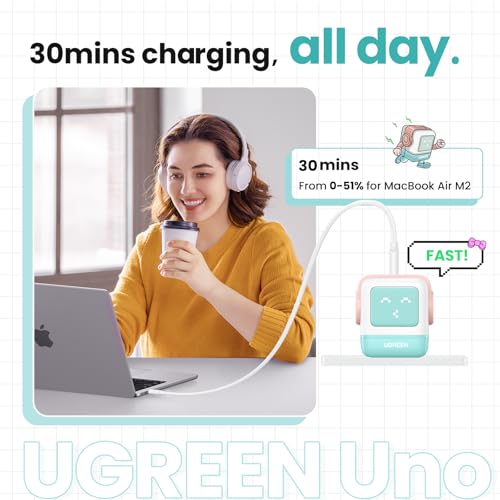 UGREEN Uno 65W 3-Port USB C Charger Adapter, GaN Fast Charging Block, Green - color: Pink Blue
