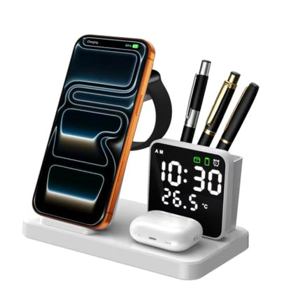 5 in 1 Wireless Charging Station with Alarm Clock Pen Holder, Fast Wireless Charger for iPhone 17/16/15/14/13/12/Pro/Max/Air, for iWatch & AirPods, Charger Stand with Temperature, Snooze Model White - color: WHITE