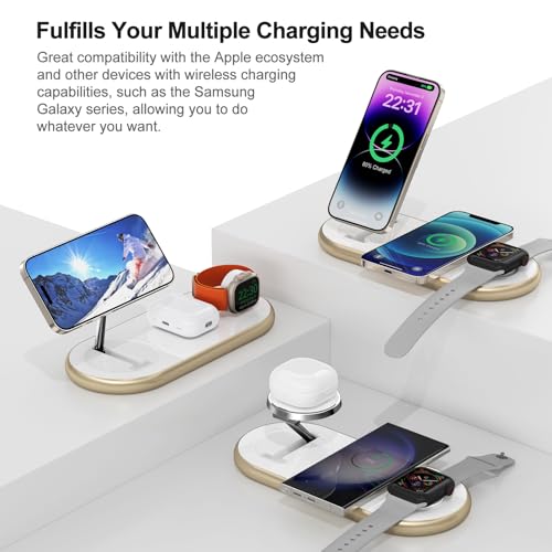 Magnetic Charging Station, 3 in 1 Faster Mag-Safe Wireless Charger Stand, Wireless Charging Pad for Apple Devices, iPhone 17/16/15/14/13/12 Series, iWatch Series, AirPods (Golden) - color: Golden