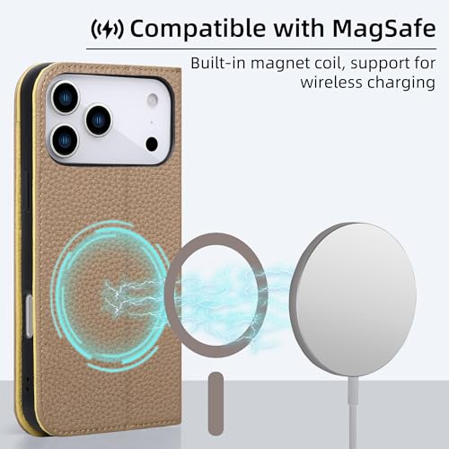 VISOUL Pebbled Leather Wallet Case for iPhone 17 Pro Max 6.9" 2025, Genuine Leather Flip Folio Cover with RFID Blocking Card Holders, Kickstand, Soft TPU Protective Flip Cover -Light Gray+Yellow - color: Light Gray+Yellow