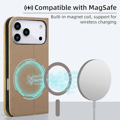 VISOUL Pebbled Leather Wallet Case for iPhone 17 Pro Max 6.9" 2025, Genuine Leather Flip Folio Cover with RFID Blocking Card Holders, Kickstand, Soft TPU Protective Flip Cover -Light Gray+Yellow - color: Light Gray+Yellow