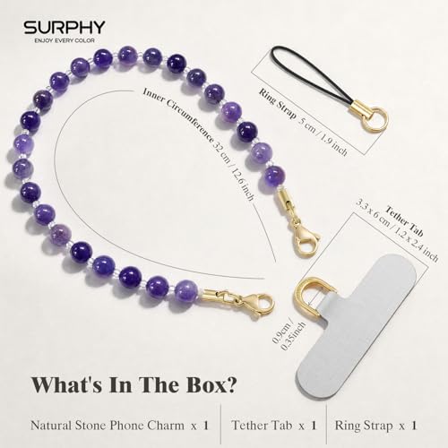 SURPHY Natural Stone Phone Charm, Beaded Phone Wrist Strap with Tether Tab - color: Amethyst
