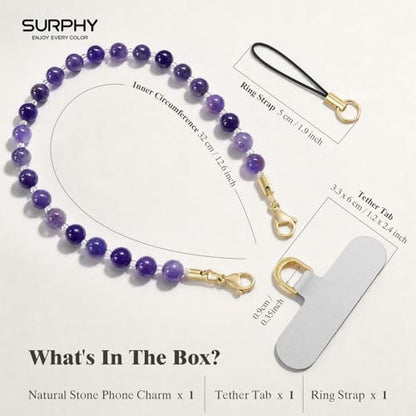 SURPHY Natural Stone Phone Charm, Beaded Phone Wrist Strap with Tether Tab - color: Amethyst