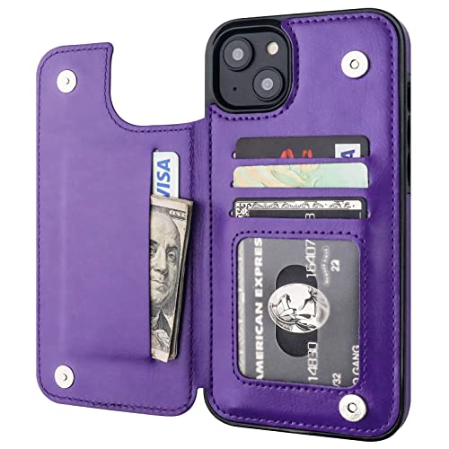 ONETOP for iPhone 14 Plus Wallet Case with Credit Card Holder,Purple | Kickstand,ID/Cash Holder,Case Wallet with Card Slots,Double Magnetic Clasp,Durable PU Leather Shockproof Cover for Women Men - color: Purple