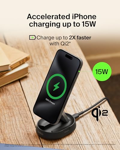 Belkin Qi2 15W Magnetic Wireless Charging Stand, Convertible Fast - color: Black, style: Power Supply Included