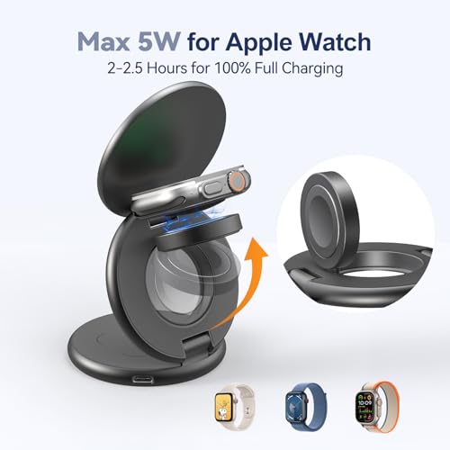 KU XIU X63 3 in 1 Charging Station for Apple, Aluminum Alloy Foldable Magnetic Wireless Charger, Travel Charger for iPhone 17/16/15/14/13/12 Series, Apple Watch & AirPods (with 20W Adapter)-Gray - color: Gray