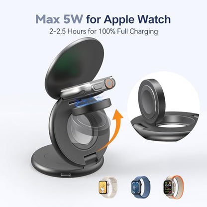 KU XIU X63 3 in 1 Charging Station for Apple, Aluminum Alloy Foldable Magnetic Wireless Charger, Travel Charger for iPhone 17/16/15/14/13/12 Series, Apple Watch & AirPods (with 20W Adapter)-Gray - color: Gray
