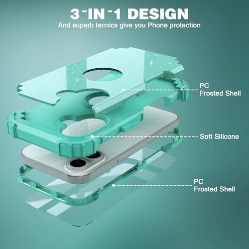 IDweel for iPhone 17 Case with Screen Protector for Women, 3 in 1 Shockproof Slim Fit Hybrid Heavy Duty Hard PC Cover Soft Silicone Bumper Full Body Anti-Fingerprint Case, Glitter Cyan - color: Glitter Cyan