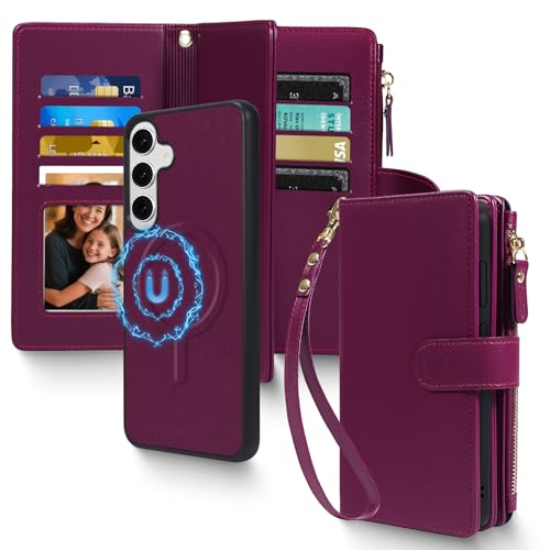 Magnetic Case for Galaxy S25 / S24 Wallet Compatible with Magsafe RFID Blocking Card Holder Detachable Phone Cover Kickstand Snap Strap Zipper Pocket PU Leather (Burgundy) - color: Burgundy, size: Galaxy S25 / S24