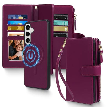 Magnetic Case for Galaxy S25 / S24 Wallet Compatible with Magsafe RFID Blocking Card Holder Detachable Phone Cover Kickstand Snap Strap Zipper Pocket PU Leather (Burgundy) - color: Burgundy, size: Galaxy S25 / S24