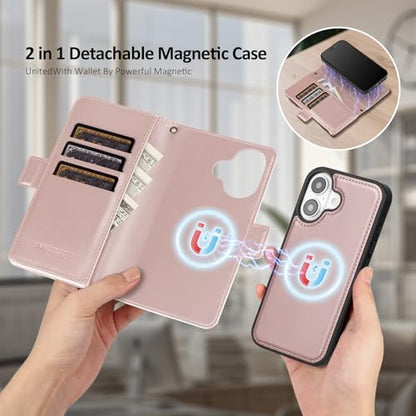 Antsturdy Compatible with MagSafe iPhone 17 Wallet Case,Rose Gold | Detachable Magnetic Credit Card Holder,RFID Blocking,PU Leather Zipper Purse,Wrist Strap Kickstand,Flip Phone Cover for Women - color: (Detachable with Magsafe)-Rose Gold