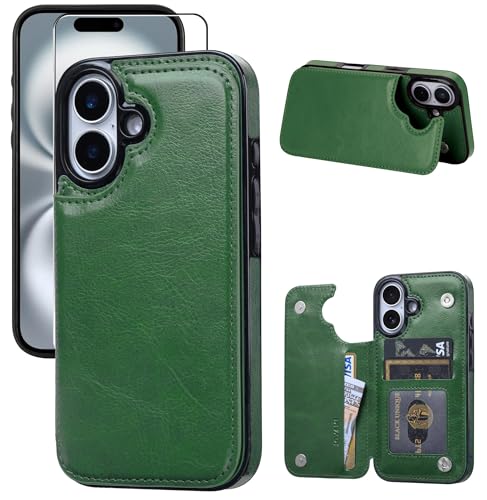 Wallet Case Compatible with iPhone 16 6.1", Slim Protective Case with Card Holder,Premium PU Leather Kickstand Card Slots Case with Double Magnetic Clasp-Grass Green - color: Grass Green, size: iphone 16 6.1"