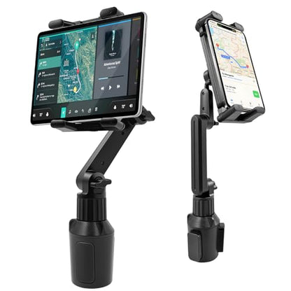 Cup Holder Tablet Mount for Car & Truck, Heavy Duty iPad Holder for Car, 15" Long Dual-Arm Adjustable Tablet Car Mount for iPad Pro 12.9/11/Air/Mini, Galaxy Z Fold 6/5/4, iPhone 17-11 (4.7-12.9")