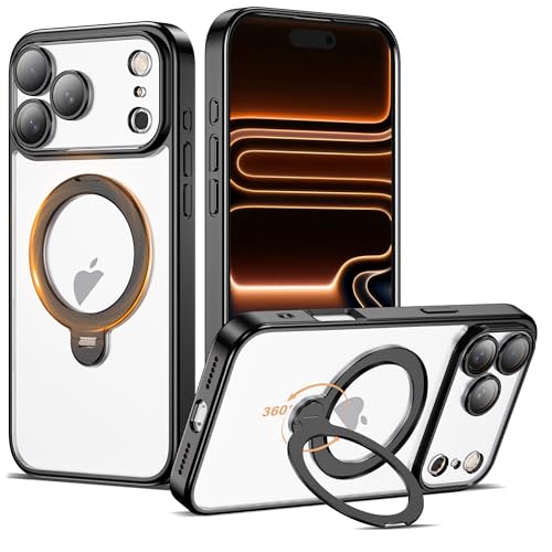 Compatible with iPhone 17 Pro Max Case with 360° Spin Magnetic Ring Stand [Compatible with Mag-Safe] Camera Lens Protector Drop Plating Clear Phone Case for iPhone 17 Pro Max 6.9", Black - color: Black, size: Iphone 17 Pro Max