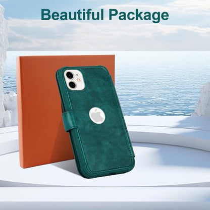 VANAVAGY Wallet Case for iPhone 11 6.1 inch, Midnight Green | 12ft Drop-proof Cover for Women Men, Silm PU Leather, RFID Blocking Card Holder, Wrist Strap, Screen Protector - color: Midnight Green