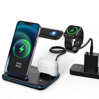 Minthouz Phone Wireless Charger, 18W Fast Charging Station for iWatch (Watch Charger is NOT included), AirPods, Wireless Charger Stand Compatible with iPhone 15/14/13/12/11 Series (with QC3.0 Adapter)