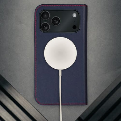 TORRO Leather Case Compatible with iPhone 17 Pro 6.3" 2025 - Premium Leather Wallet Flip Case with Kickstand and Card Slots (Compatible with Official MagSafe Chargers) - Navy Blue - color: Navy Blue with Red Detail, size: iPhone 17 Pro