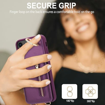 Crossbody Wallet Case for iPhone 7/8/SE 2020/SE 2022, with Card Slots Zipper Pocket Case, Flip Folio Purse RFID Blocking with Ring Kickstand Detachable Strap-Lavender - color: Lavender, size: iPhone 7/8/SE 2020/SE 2022 (4.7")