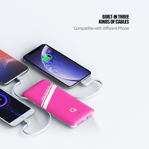 10000mAh Power Bank, Q Slim Portable Charger,4 Output External Battery Pack with Built-in AC Wall Plug Micro USB C Three Cables Compatible with All Kinds of mobilephone (Pink) - color: Pink