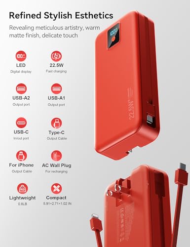 Portable Charger 20000mAh 22.5W w/Built-in Cable & Wall Plug Red - color: Ruby