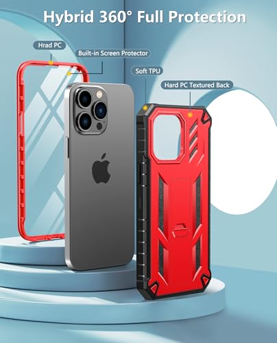 FNTCASE for iPhone 14 Pro Max Case, Built-in Screen Protector, Kickstand | 20FT Military-Grade Drop Protection, Anti-Slip Matte Textured, Rugged Heavy Duty Shockproof TPU Protective Cover - color: Kickstand Red