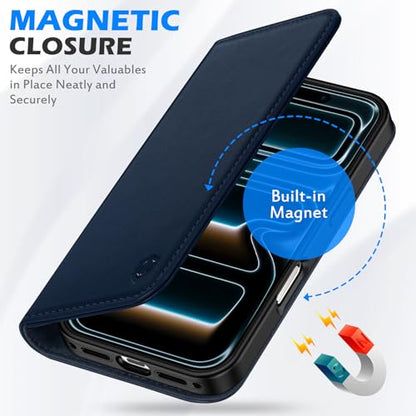 SHIELDON Genuine Leather Wallet Case for iPhone 17 Pro Max 6.9", Navy Blue | Magnetic Closure, RFID Blocking, Credit Card Holder, Viewing Stand, Foldable Design, Shockproof Protective Cover - color: Navy Blue