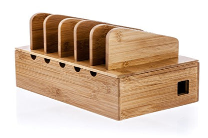 Prosumer's Choice Wooden Charging Station Organizer - 5-Port Base for Phones, Tablets and Laptops - Multi-Device Docking Station with Removable Divider Slots - Cord Box with Cable Management - Bamboo