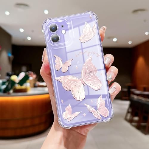 Clear Case Compatible with iPhone 12, Cute Butterfly Print Protective Cover for Girls Women, Slim Soft TPU Four Corners Shockproof Case for iPhone 12 - Light Pink Butterfly - color: Light Pink Butterfly, size: iPhone 12
