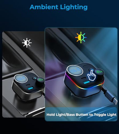 Bluetooth 5.4 FM Transmitter, 72W Car Charger with 45W Retractable USB-C PD