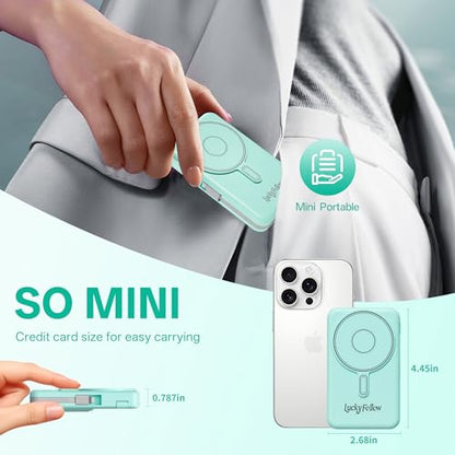 Magnetic Portable Charger Built-in Cables,10000mAh Fast Charging Wireless Charger Station External Battery Pack Slim Pocket Size Power Bank with Stand Compatible with iWatch, iPhone - color: Green